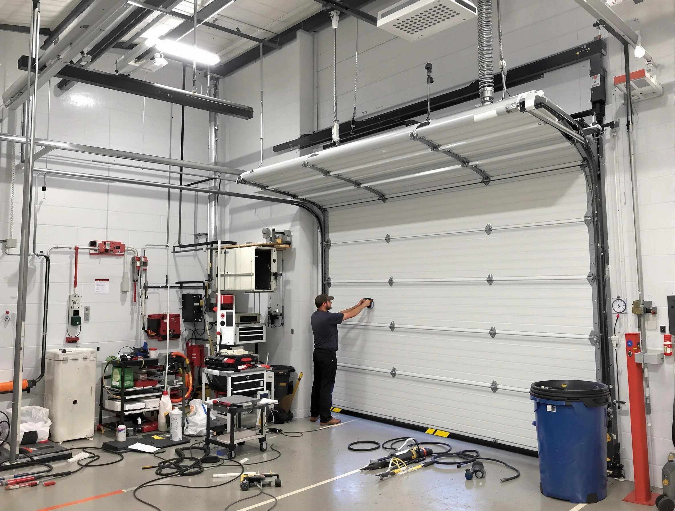 La Cienega Garage Door Repair certified technician performing commercial door repair at a La Cienega business facility