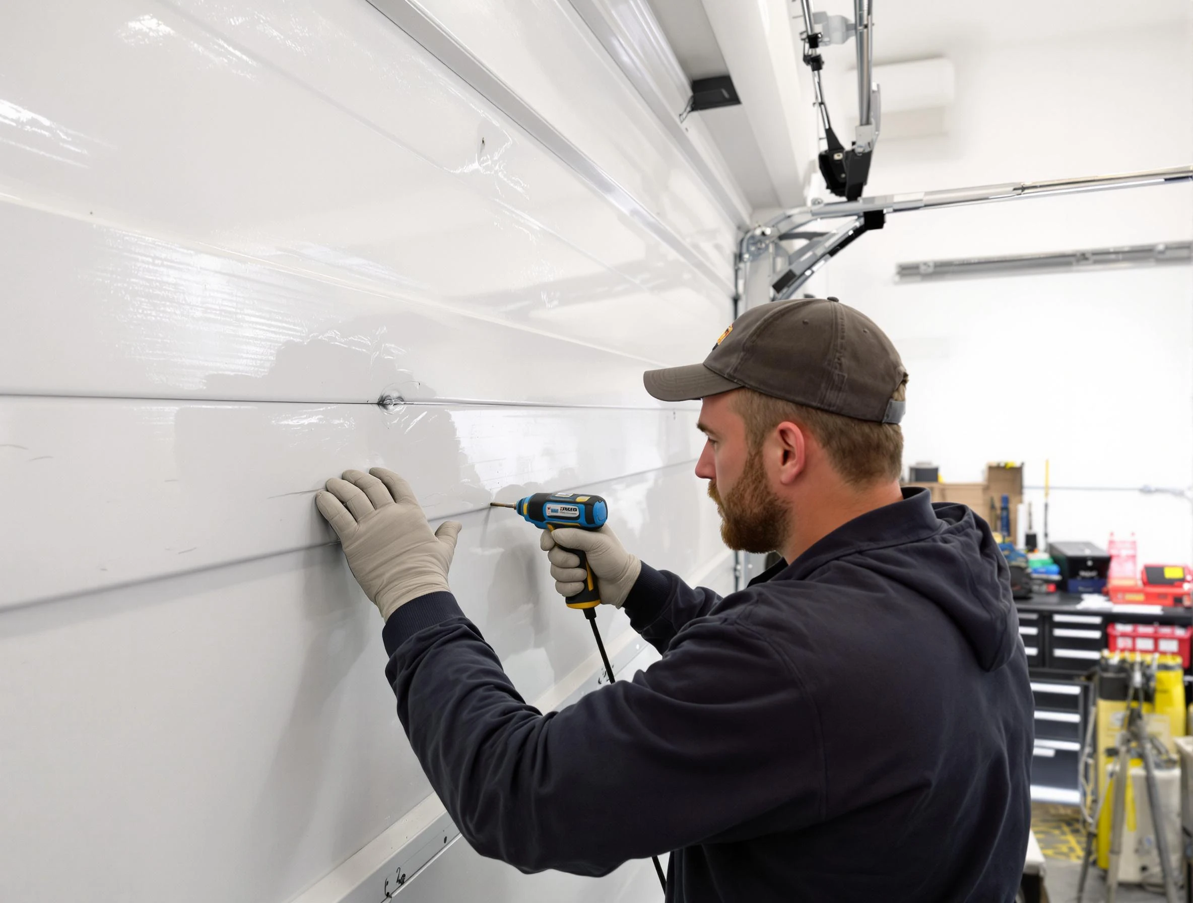 La Cienega Garage Door Repair technician demonstrating precision dent removal techniques on a La Cienega garage door